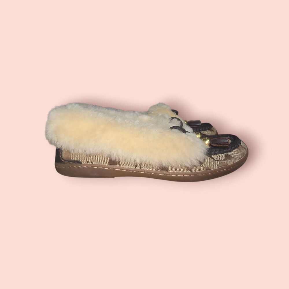Coach Fiona Shearling Moccasins Women's Slip-On Loafers Tan Cozy Warm Monogram 7